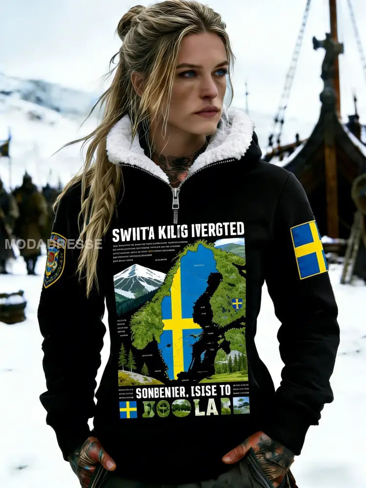 Kvinnors Retro Svenska flaggbricka Casual Fleece-Lined Hooded Sweatshirt svart / S