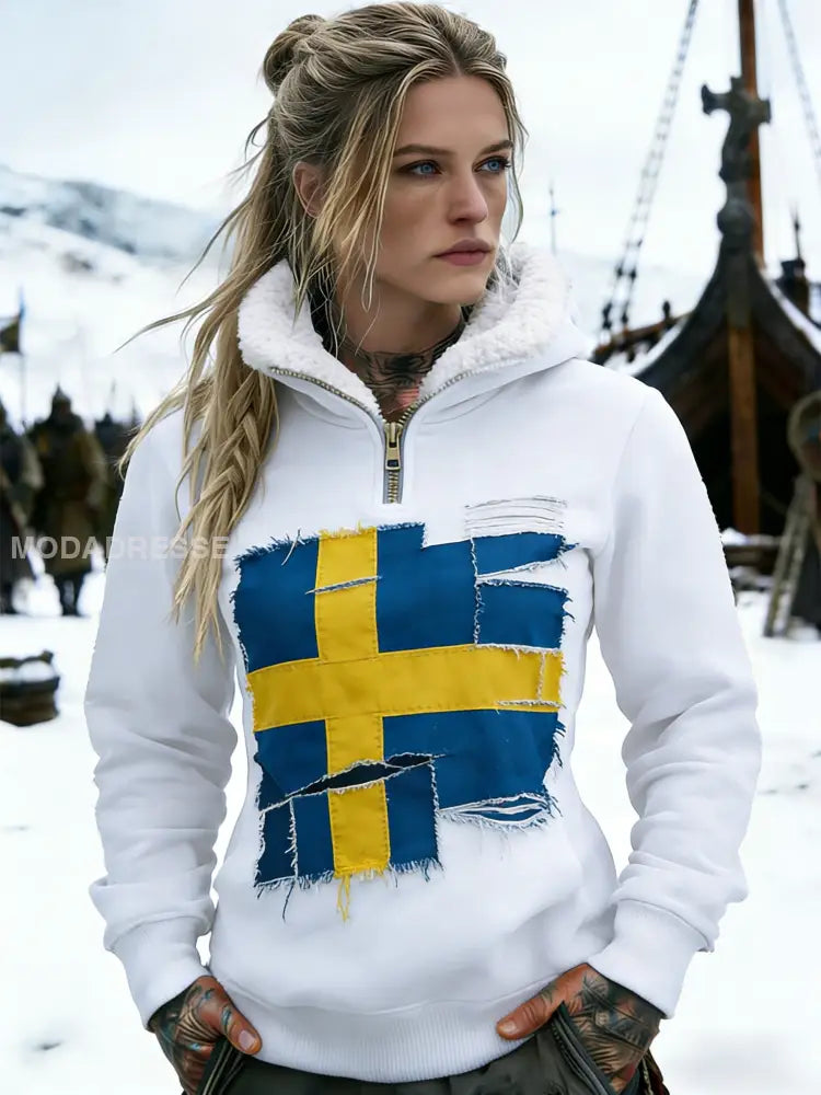 Kvinnors Retro Svenska flaggbricka Casual Fleece-Lined Hooded Sweatshirt vitt / S