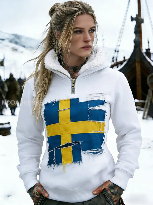 Kvinnors Retro Svenska flaggbricka Casual Fleece-Lined Hooded Sweatshirt vitt / S