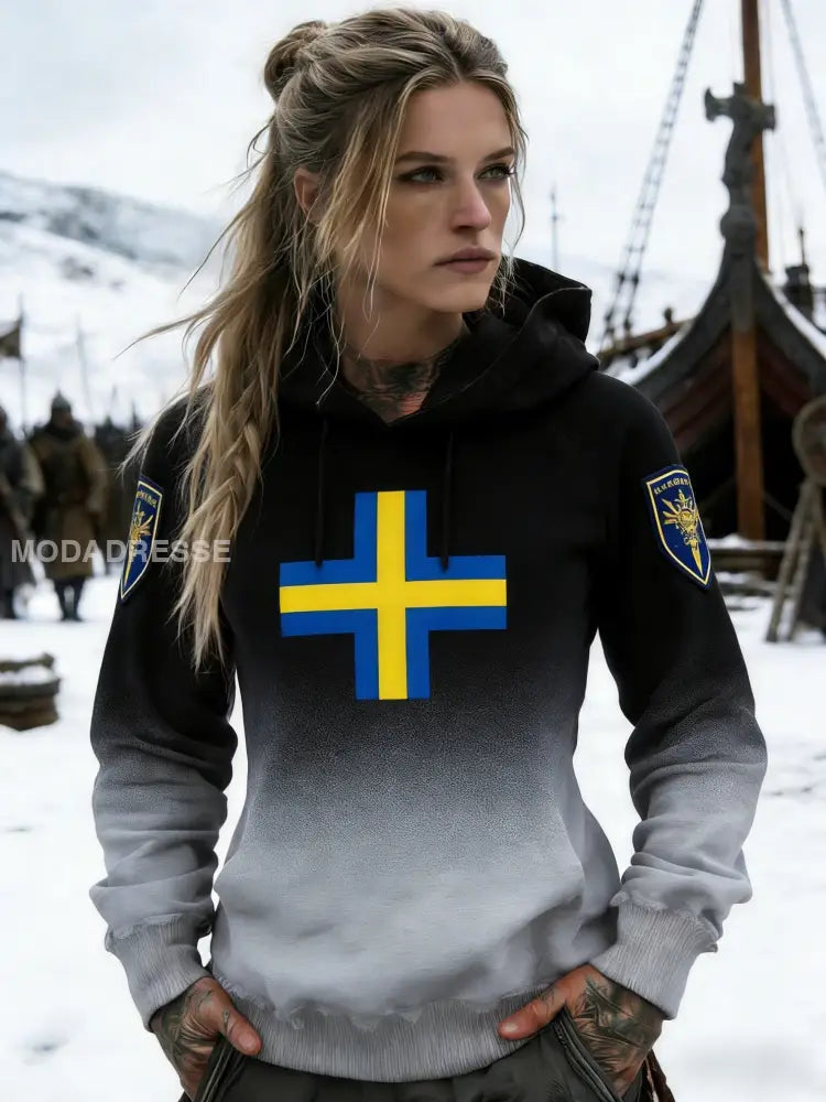 Kvinnors Retro Svenska flaggbricka Konsttryckt Casual Comfort Sweatshirt svart / S