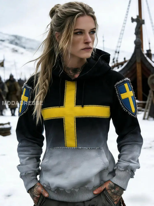 Kvinnors Retro Svenska flaggbricka Konsttryckt Casual Comfort Sweatshirt svart / S