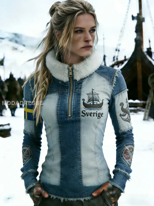 Kvinnors Retro Svenska flaggmärke Fleece-fodrad blixtlås sweathirt blå / S