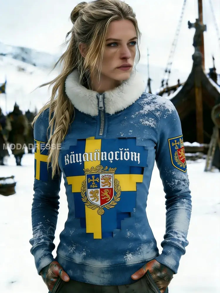 Kvinnors Retro Svenska flaggmärke Fleece-fodrad blixtlås sweathirt blå / S