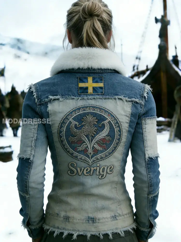 Kvinnors Retro Svenska flaggmärke Fleece-fodrad blixtlås sweathirt blå / S