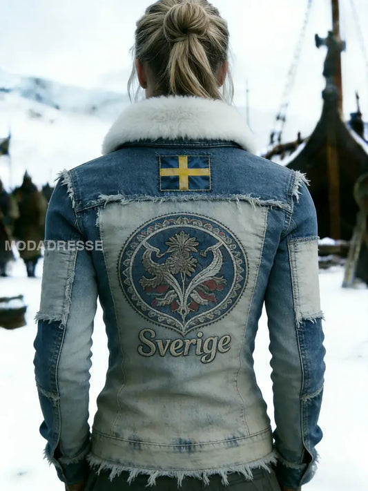 Kvinnors Retro Svenska flaggmärke Fleece-fodrad blixtlås sweathirt blå / S