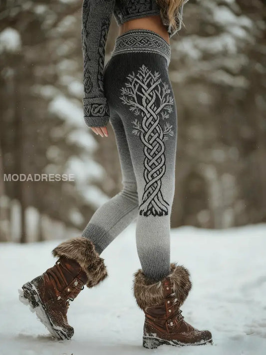 Kvinnors Retro Viking Celtic Knop träd liv gradient Sport Stretch Leggings grå / S