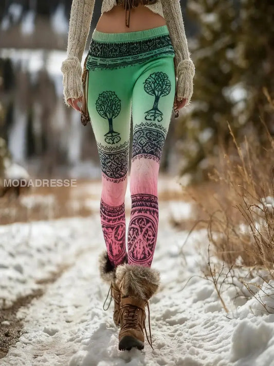 Kvinnors Retro Viking Celtic Knop träd liv gradient Sport Stretch Leggings grönt / S