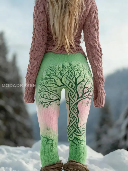 Kvinnors Retro Viking Celtic Knop träd liv gradient Sport Stretch Leggings grönt / S