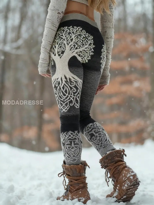 Kvinnors Retro Viking Celtic Knop träd liv gradient Sport Stretch Leggings svart / S