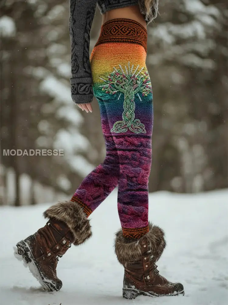 Kvinnors Retro Viking Celtic Knut träd liv Gradient Sport Stretch Leggings flerlog / S