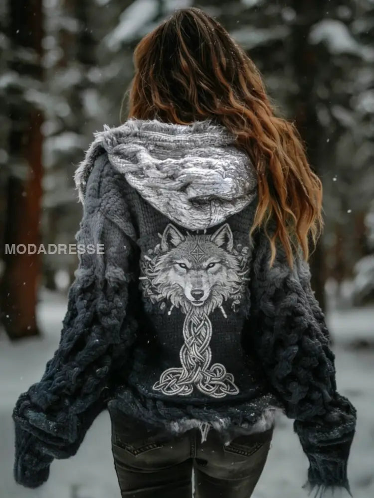 Kvinnors Retro Viking Celtic Knut träd liv Wolf Gradient Bekväm Stickad Husmatta cardigan mörk grå / S