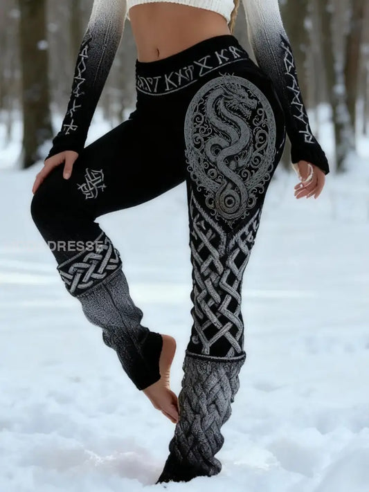 Kvinnors Retro Viking drake Celtic Knop Vigvir Rune Gradient Sport Stretch Leggings svart / S