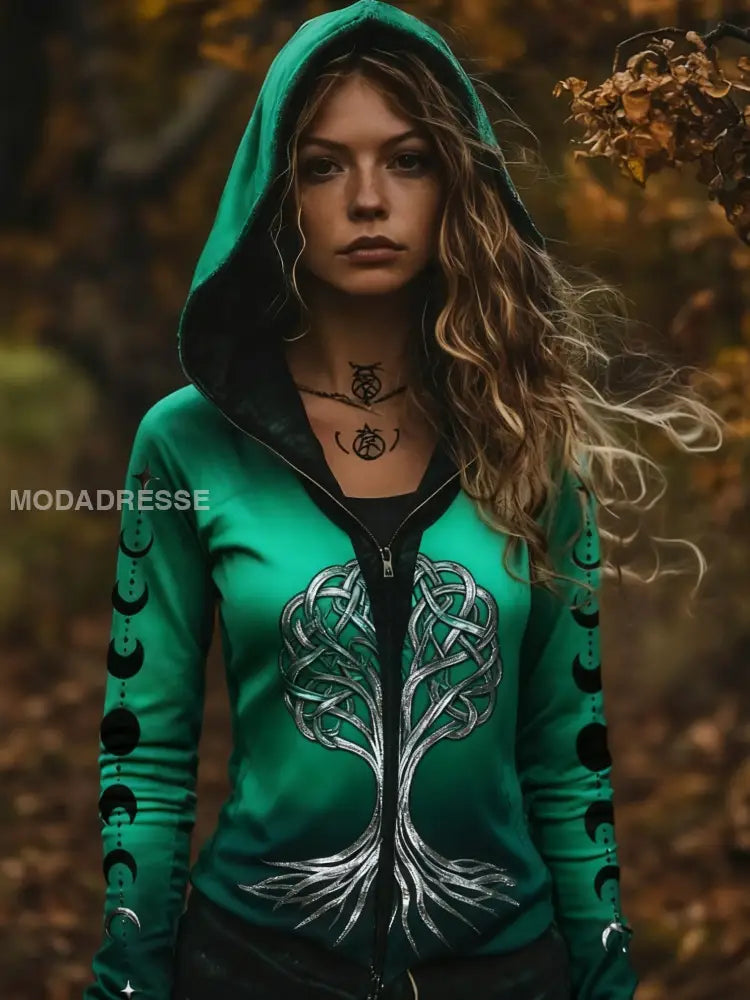 Kvinnors Retro Viking Keltiska knop träd liv gradient Sport huvad jacka grönt / S