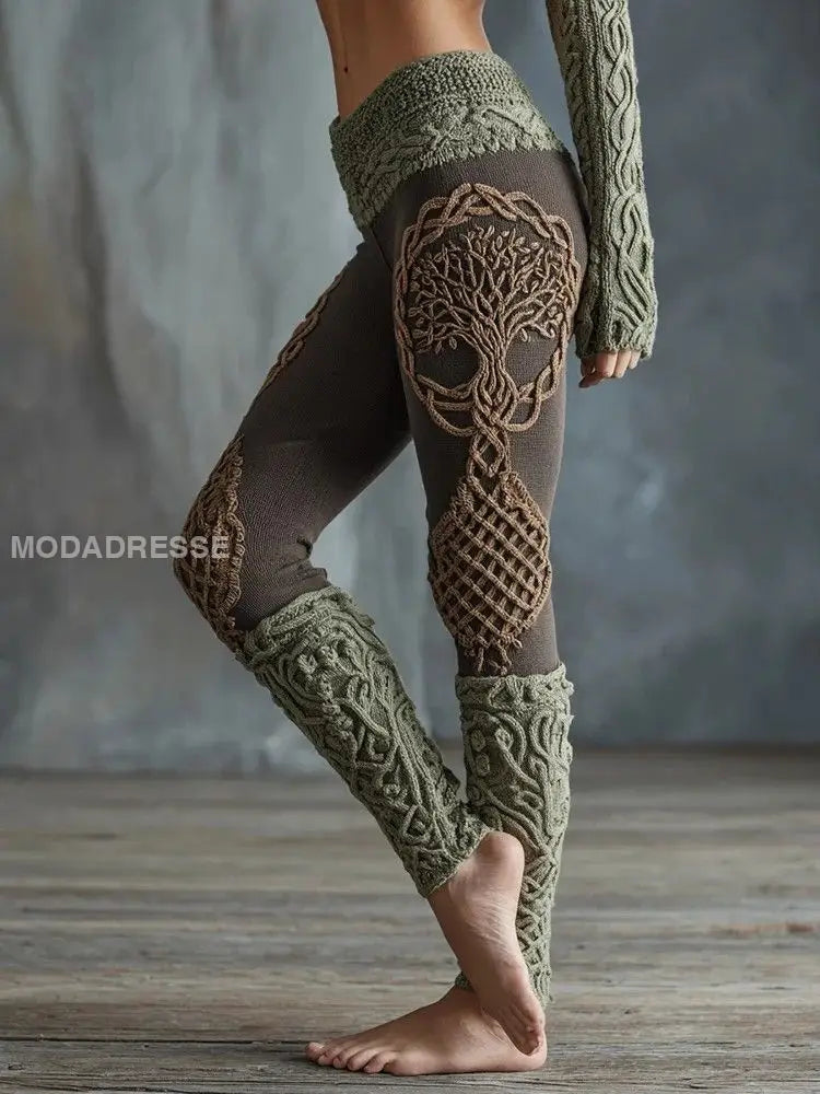 Kvinnors Retro Viking Keltiska knop träd livets sport Stretch Leggings grönt / S