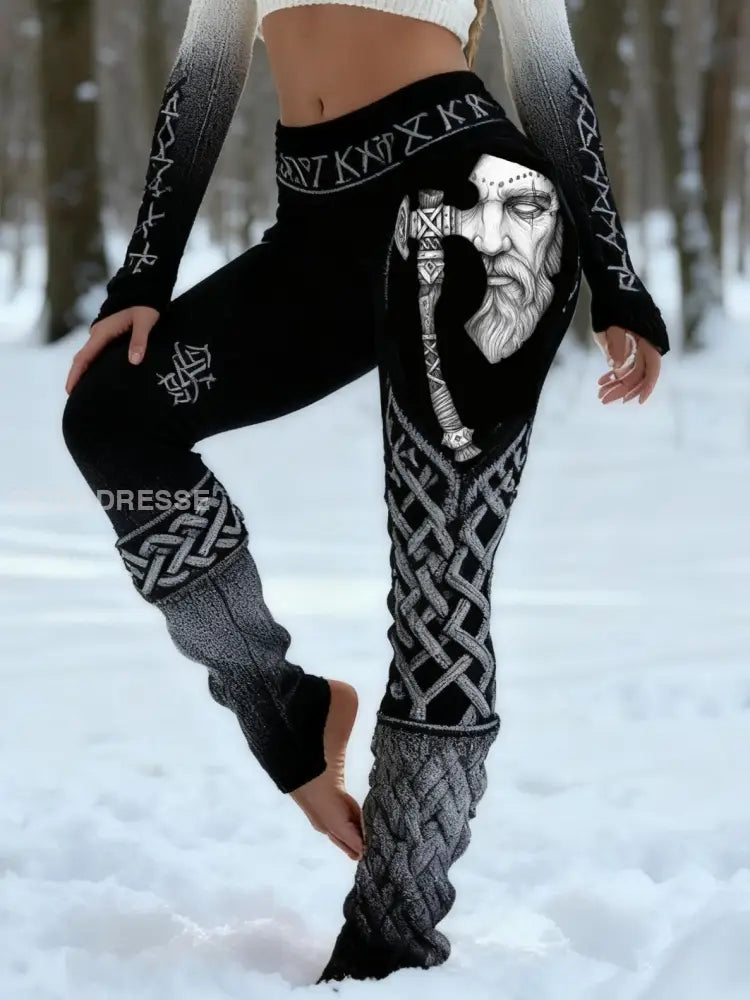 Kvinnors Retro Viking krig God Celtic Knop Vigvir Rune Gradient Sport Stretch Leggings svart / S