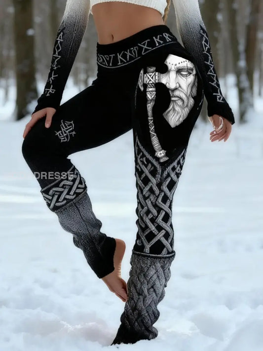 Kvinnors Retro Viking krig God Celtic Knop Vigvir Rune Gradient Sport Stretch Leggings svart / S