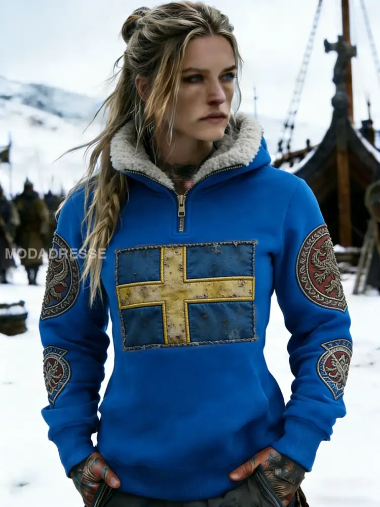 Kvinnors Retro Viking Svenska flaggmärke Fleece-fodrad blixtlås huvudlåga blå / S