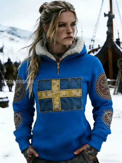 Kvinnors Retro Viking Svenska flaggmärke Fleece-fodrad blixtlås huvudlåga blå / S