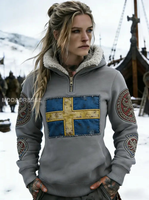 Kvinnors Retro Viking Svenska flaggmärke Fleece-fodrad blixtlås huvudlåga grå / S