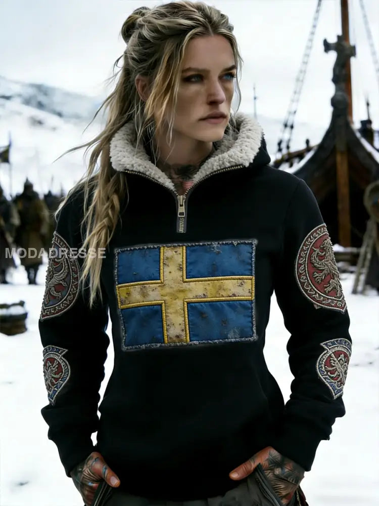 Kvinnors Retro Viking Svenska flaggmärke Fleece-fodrad blixtlås huvudlåga svart / S