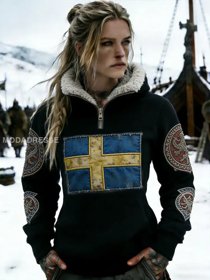 Kvinnors Retro Viking Svenska flaggmärke Fleece-fodrad blixtlås huvudlåga svart / S