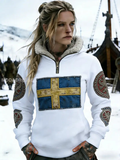 Kvinnors Retro Viking Svenska flaggmärke Fleece-fodrad blixtlås huvudlåga vit / S
