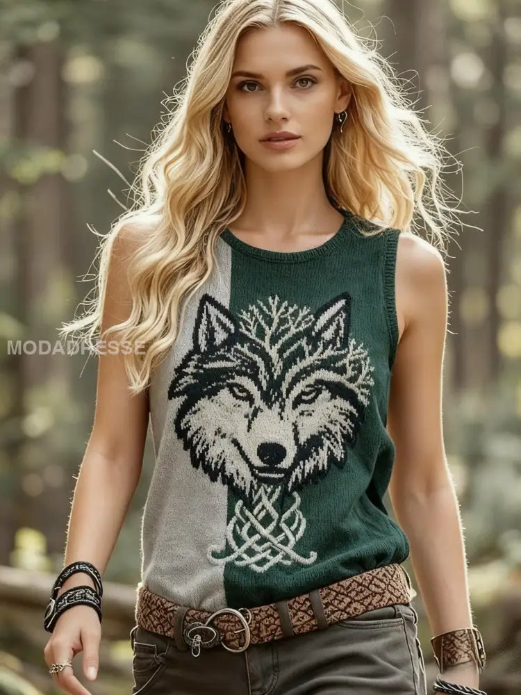 Kvinnors Retro Viking Wolf Celtic Knop träd liv besättning hals Tank Topp grönt / S