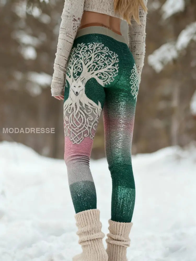 Kvinnors Retro Viking Wolf Celtic Knop träd liv gradient Sport Stretch Leggings grönt / S