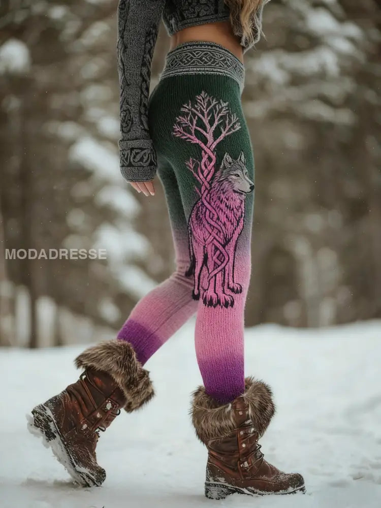 Kvinnors Retro Viking Wolf Celtic Knop träd liv gradient Sport Stretch Leggings mörk grön / S
