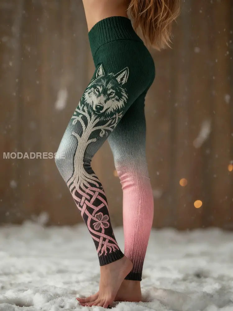 Kvinnors Retro Viking Wolf Celtic Knop träd liv gradient Sport Stretch Leggings mörk gröna / S