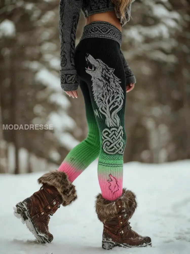Kvinnors Retro Viking Wolf Celtic Knop träd liv gradient Sport Stretch Leggings svart / S