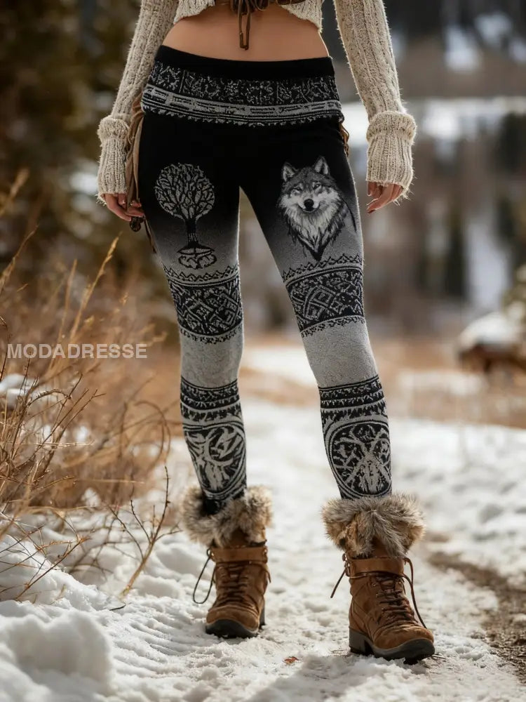 Kvinnors Retro Viking Wolf Celtic Knop träd liv gradient Sport Stretch Leggings svart / S