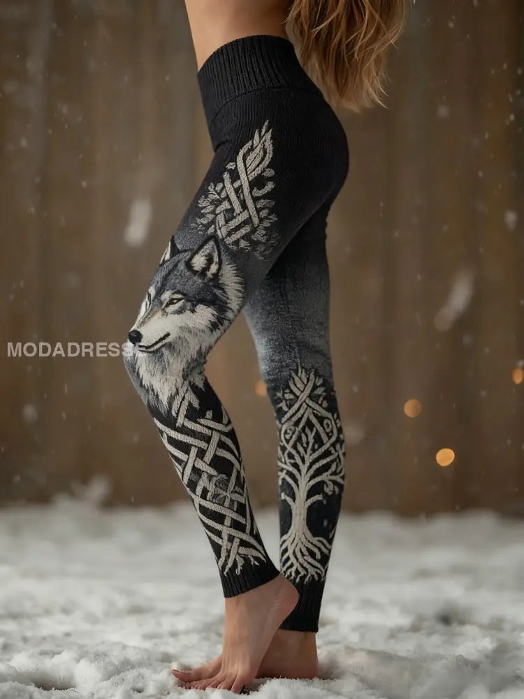 Kvinnors Retro Viking Wolf Celtic Knop träd liv gradient Sport Stretch Leggings svart / S