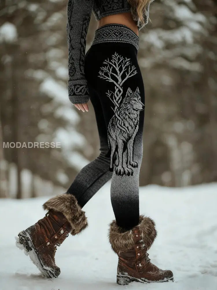 Kvinnors Retro Viking Wolf Celtic Knop träd liv gradient Sport Stretch Leggings svart / S