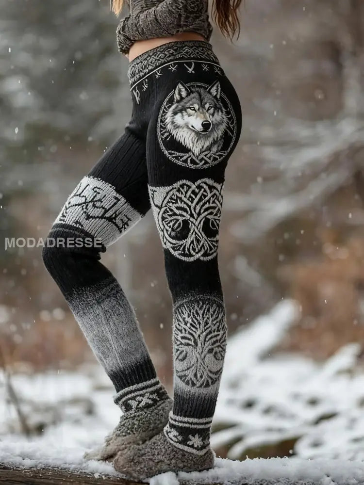 Kvinnors Retro Viking Wolf Celtic Knop träd liv Patchwork Sport Stretch Leggings svart / S