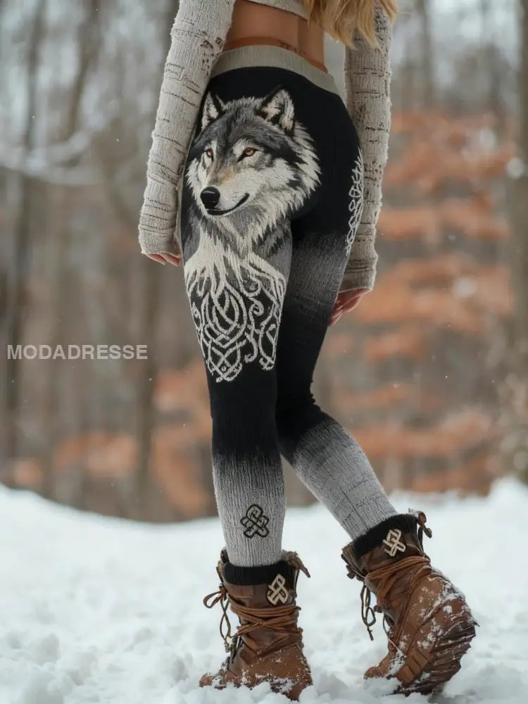 Kvinnors Retro Viking Wolf Celtic Knop träd livets sport Stretch Leggings svart / S