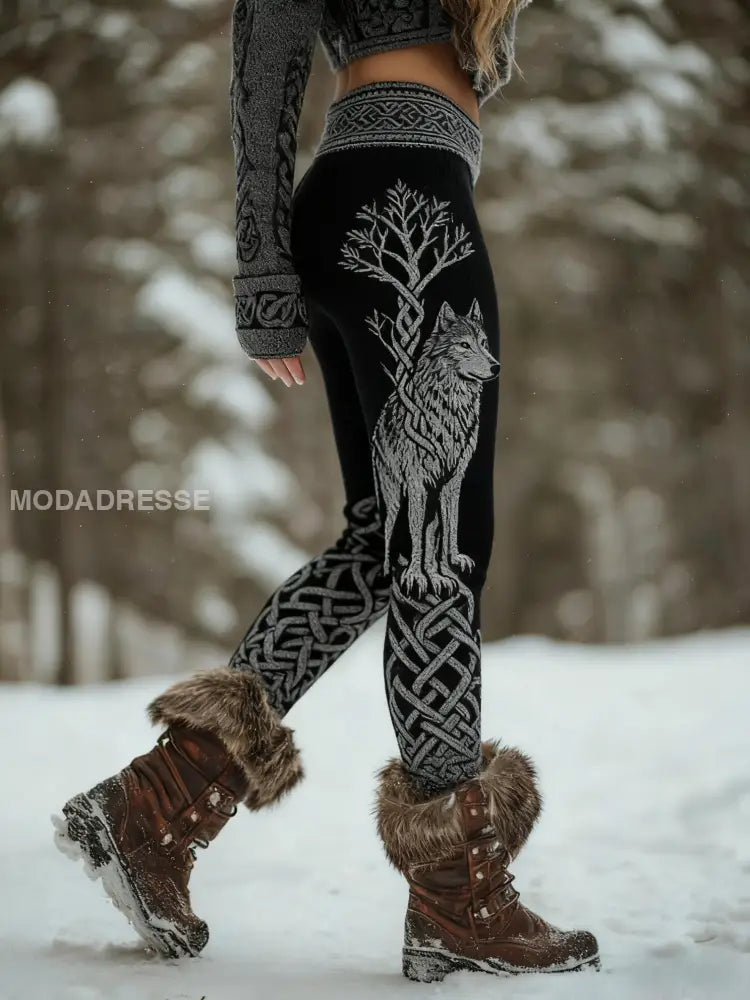 Kvinnors Retro Viking Wolf Celtic Knop träd livets sport Stretch Leggings svart / S