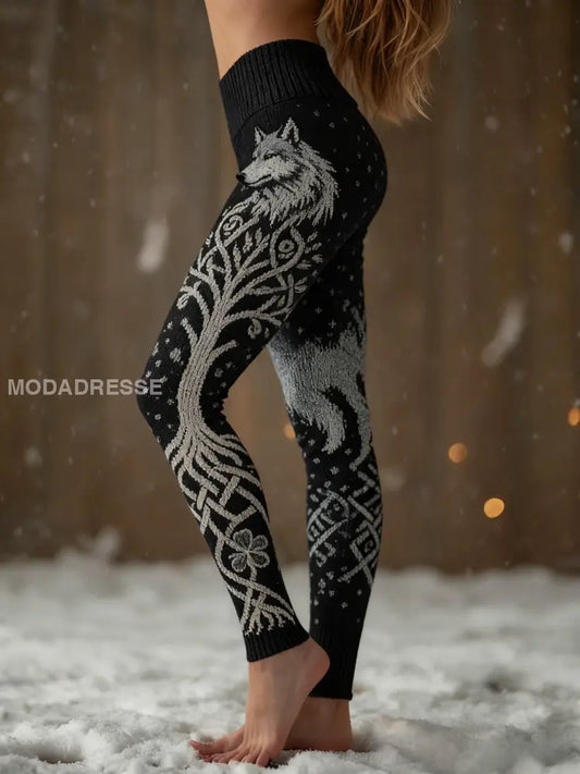 Kvinnors Retro Viking Wolf Celtic Knop träd livets sport Stretch Leggings svart / S