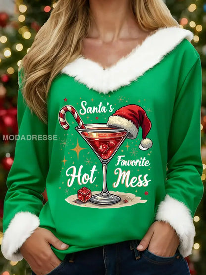 Kvinnors roliga jul Jultomtens favorit Hot Mess Skriv ut Casual Fur-Collar topp grön / S
