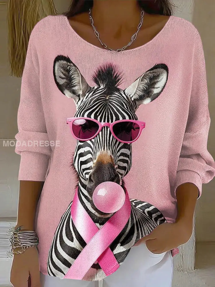Kvinnors rosa band djur Skriv ut rund hals Ribbed topp som bild / S