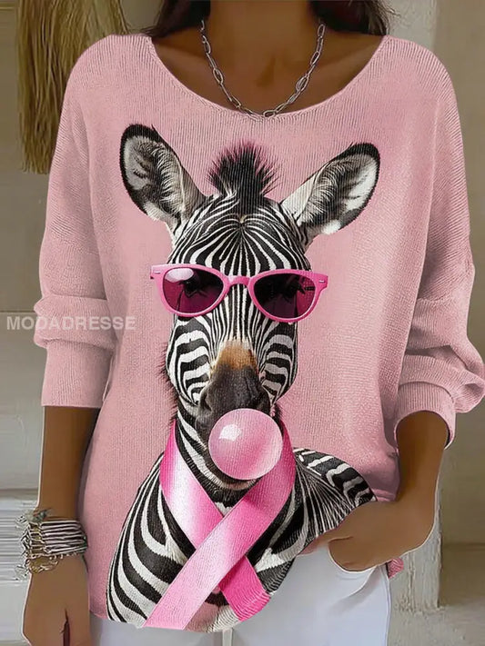 Kvinnors rosa band djur Skriv ut rund hals Ribbed topp som bild / S