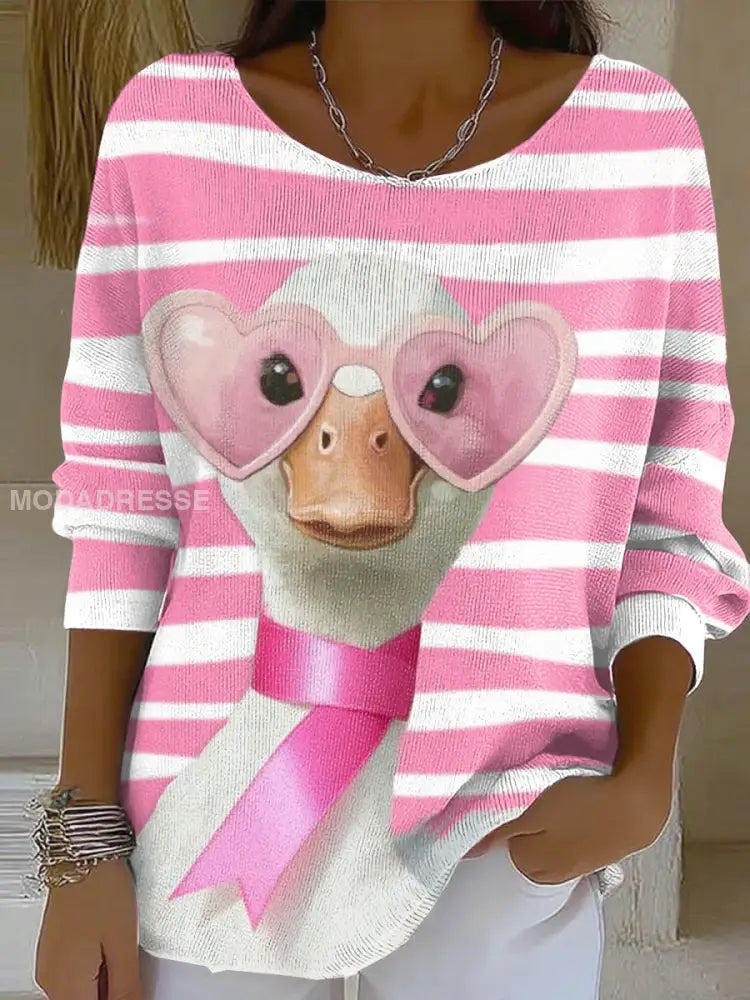 Kvinnors rosa band djur Skriv ut rund hals Ribbed topp som bild / S
