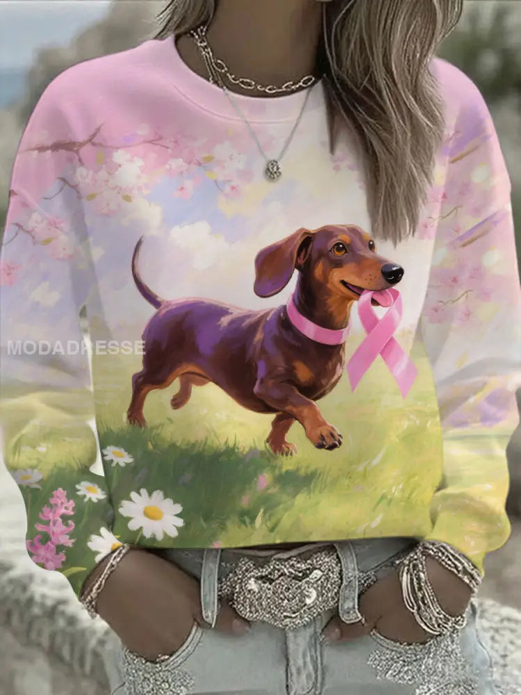 Kvinnors rosa band och hund Print Casual Sweatshirt som bild / S