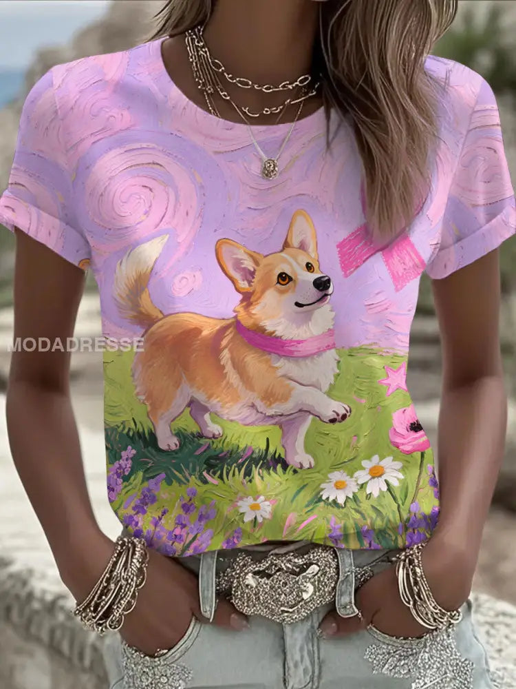 Kvinnors rosa band och hund Print Casual T-shirt som bild / S