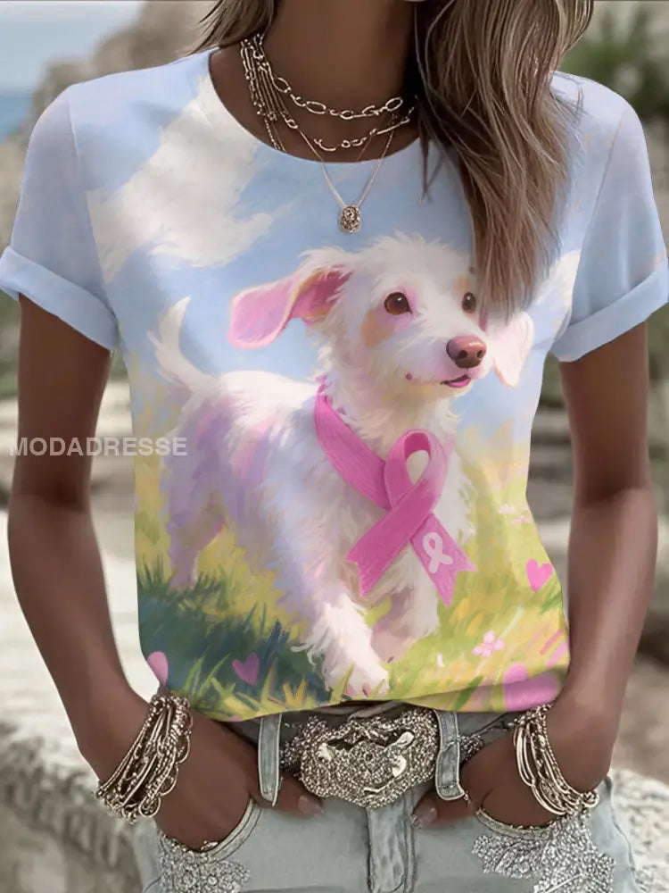 Kvinnors rosa band och hund Print Casual T-shirt som bild / S