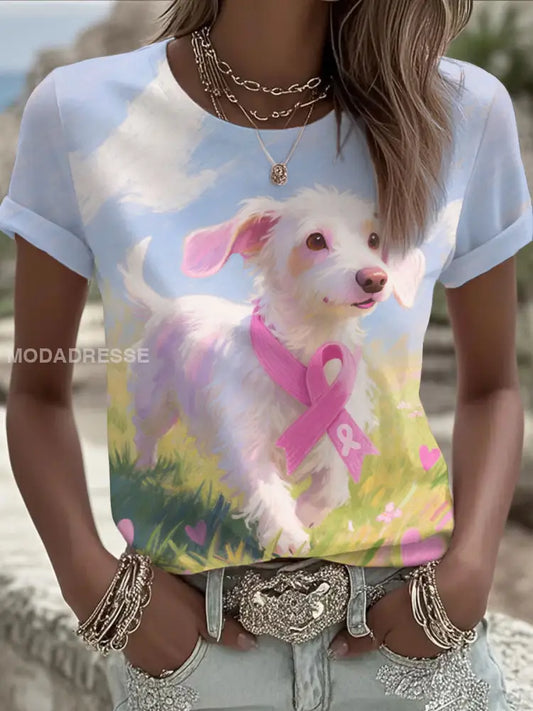 Kvinnors rosa band och hund Print Casual T-shirt som bild / S