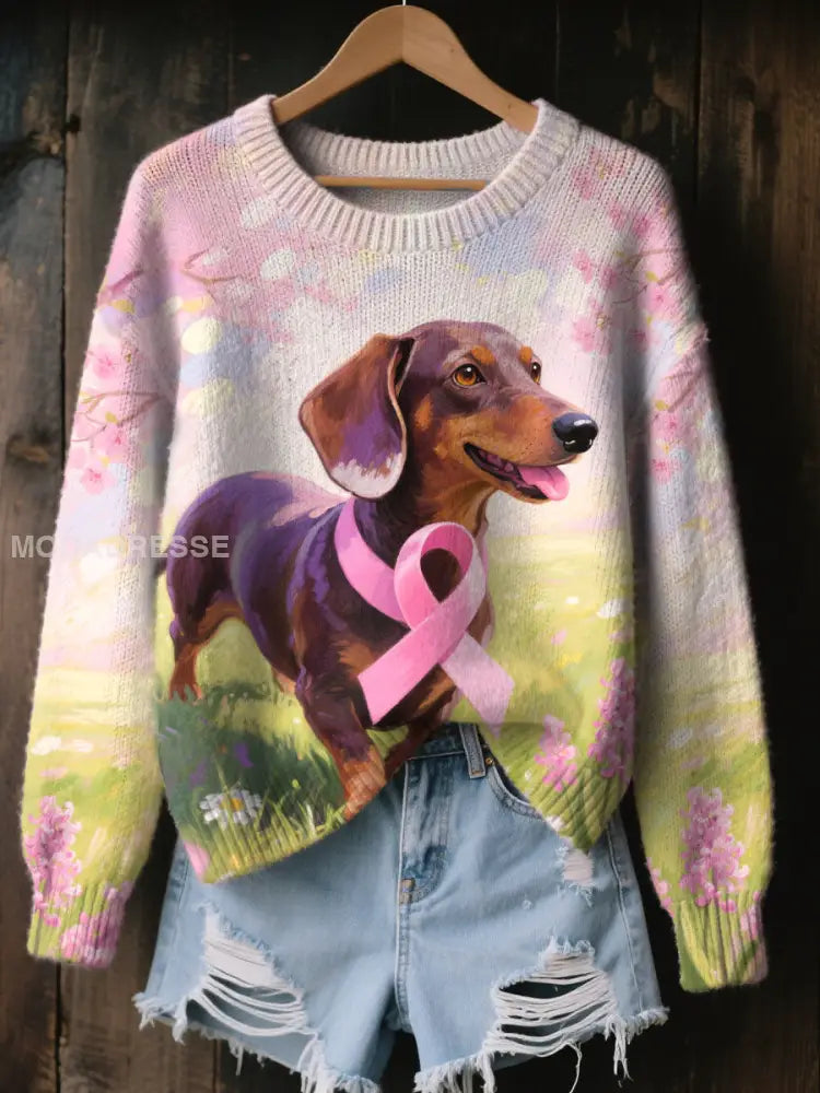 Kvinnors rosa band och hund Print Casual Topp som bild / S