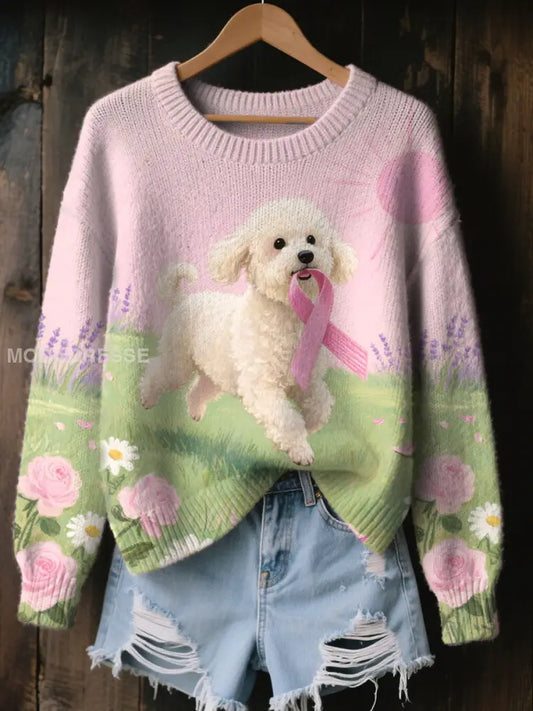 Kvinnors rosa band och hund Print Casual Topp som bild / S