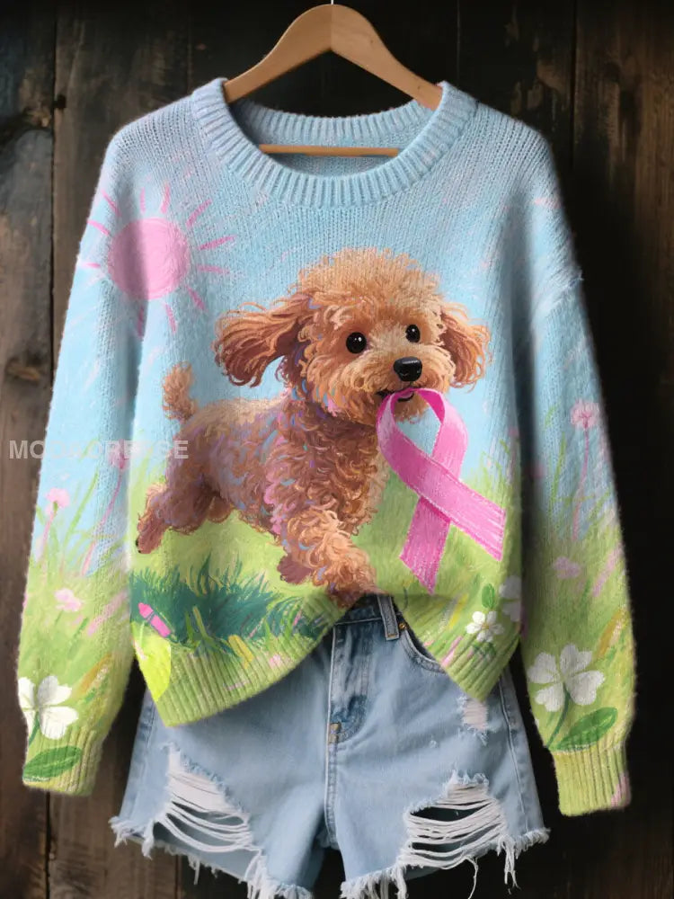 Kvinnors rosa band och hund Print Casual Topp som bild / S