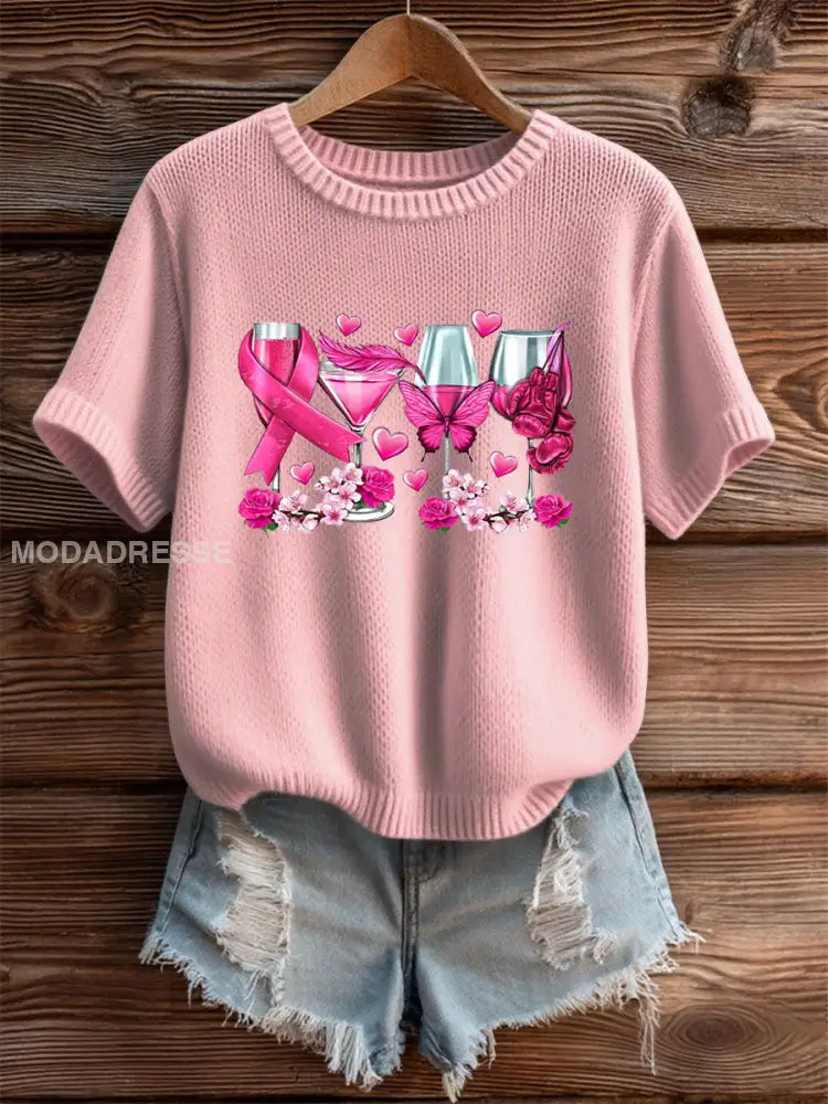 Kvinnors rosa band Print Casual T shirt ljusrosa / S